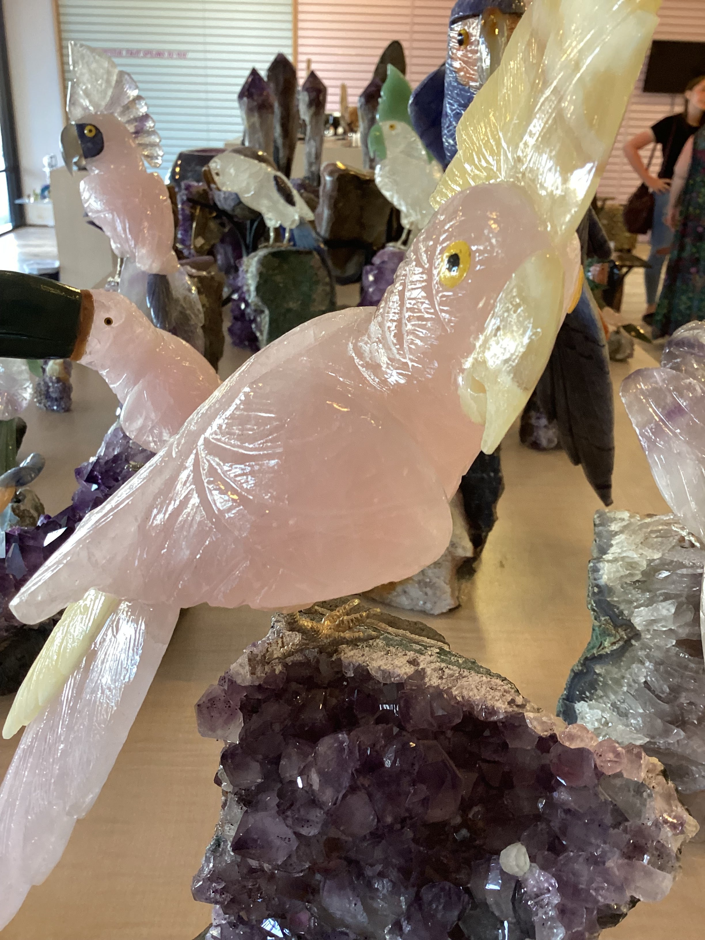 Rose Quartz Crystal Cockatoo on Amethyst Base